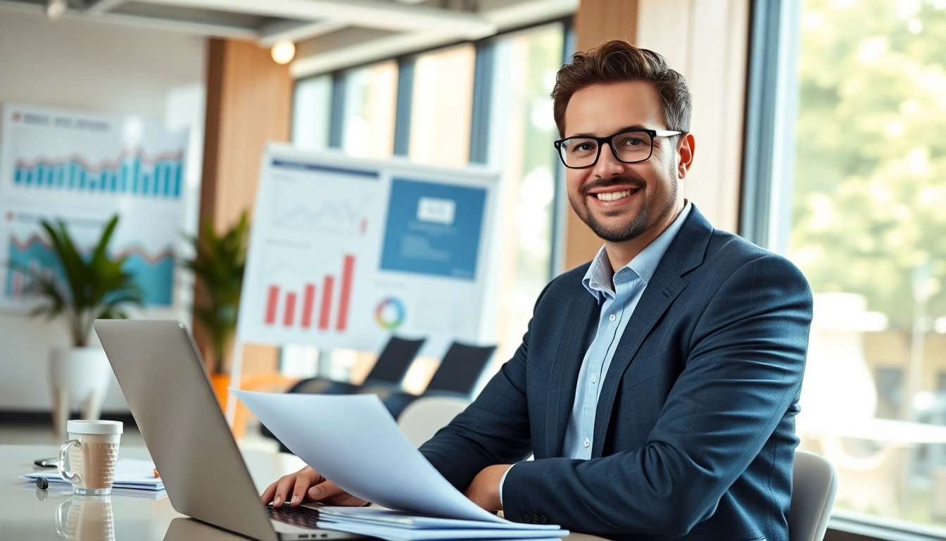 Geld leihen: Finanzberater im modernen Büro mit Diagrammen und Grafiken.