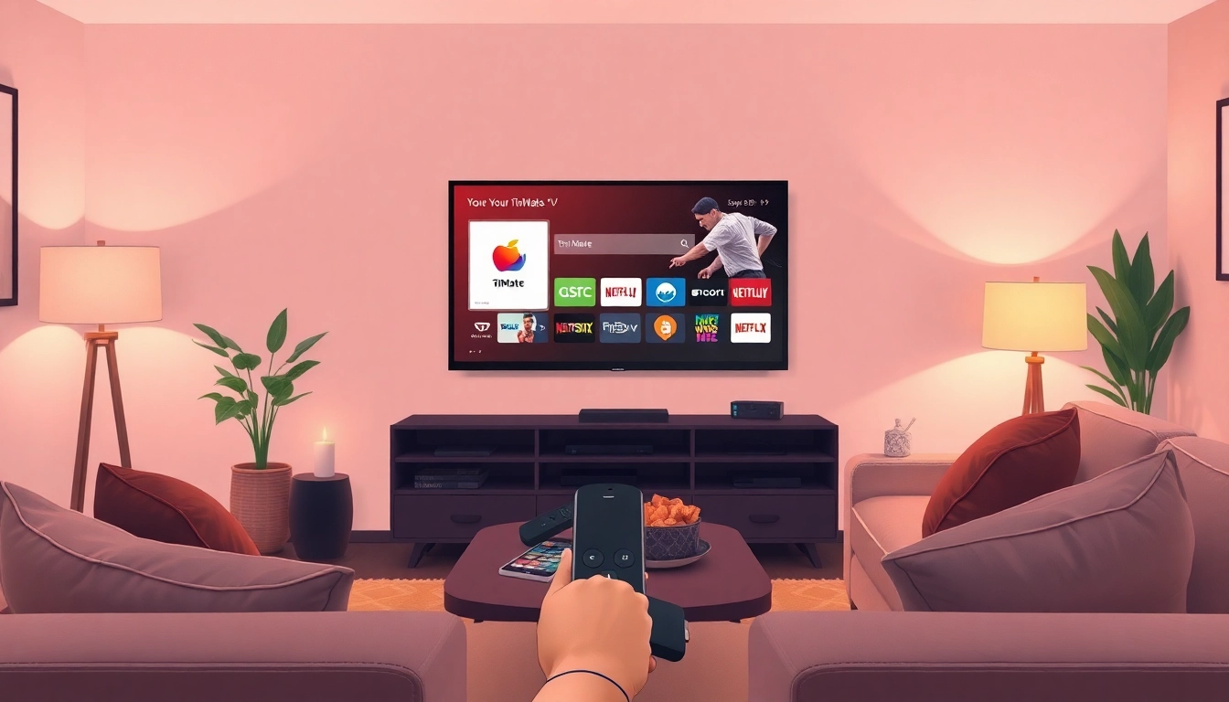 TiviMate auf Fire TV Stick installieren, präsentiert in einem gemütlichen Wohnzimmer mit einem Benutzer, der das Streaming genießt.