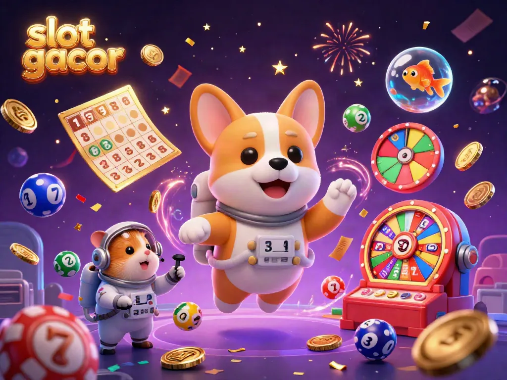 Experience exciting slot gacor action with this vibrant cosmic casino illustration featuring floating characters and dynamic game elements.