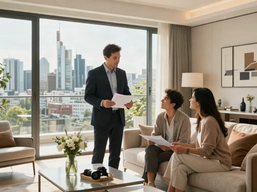 Bester Immobilienmakler Frankfurt bei der Beratung in einem modernen Wohnraum mit Blick auf die Frankfurter Skyline.