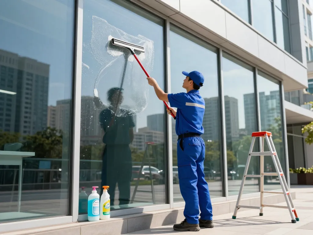Zuverlässige Fensterreinigung in Münster mit Fachleuten, die einen streifenfreien Glanz auf großen Bürofenstern gewährleisten.