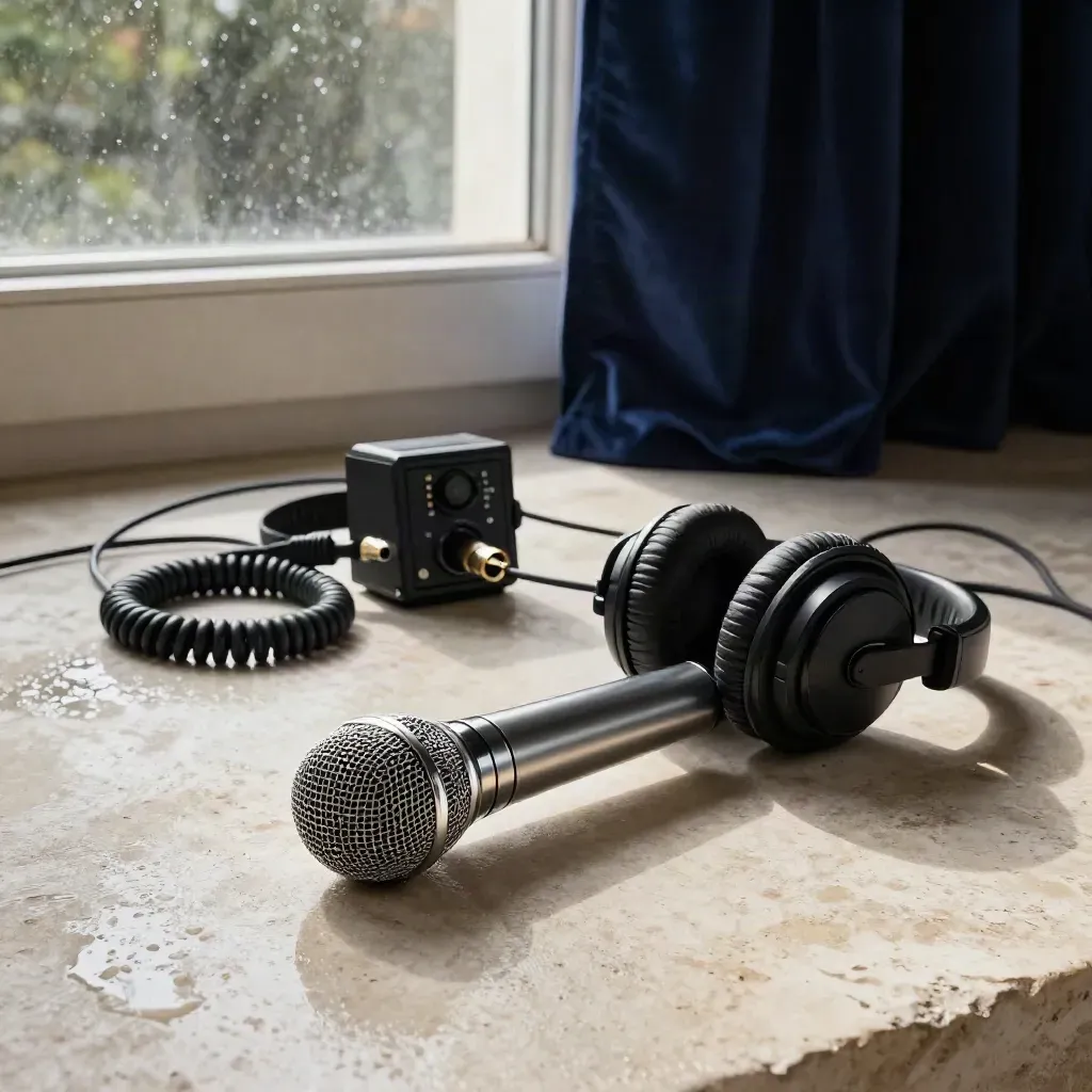 Mikrofon, Kopfhörer und Kabel am Backstage-Eingang im nassen Licht