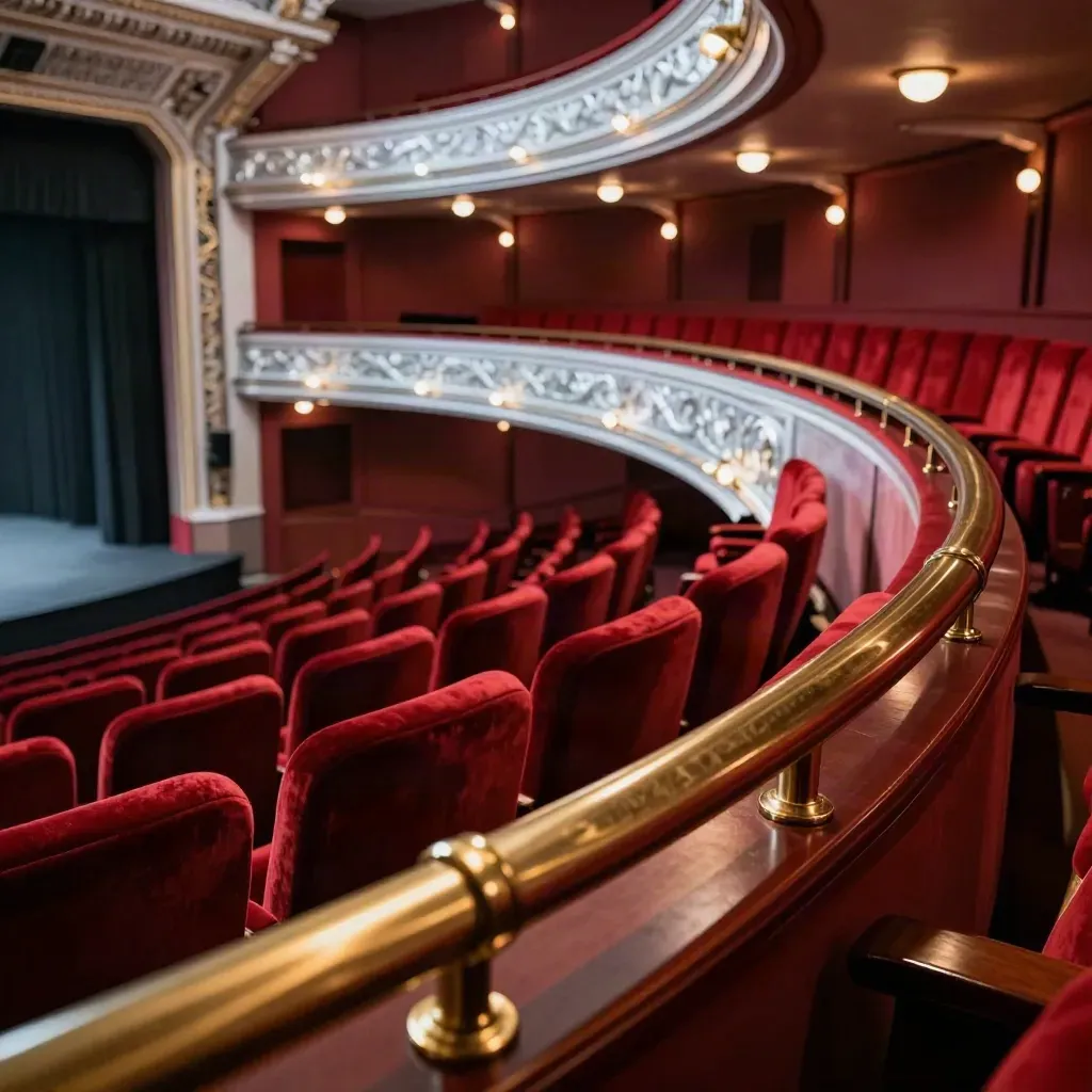 Leere Theaterreihe mit rotem Samt, Messinggeländer und dunklem Bühnenvorhang im Abendlicht.