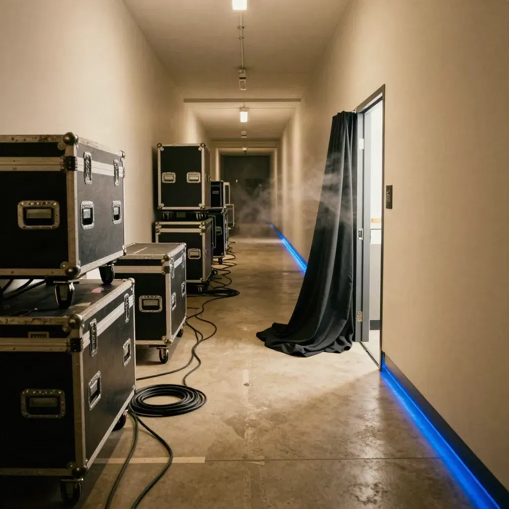 Leerer Backstage-Flur mit Kabeln, Cases und blauem Licht hinter der Bühne.