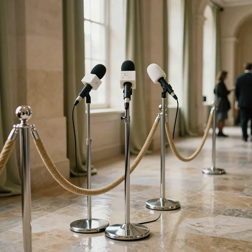 Drei Mikrofone an Absperrpfosten auf nassem Eventboden, bereit für das nächste Interview.