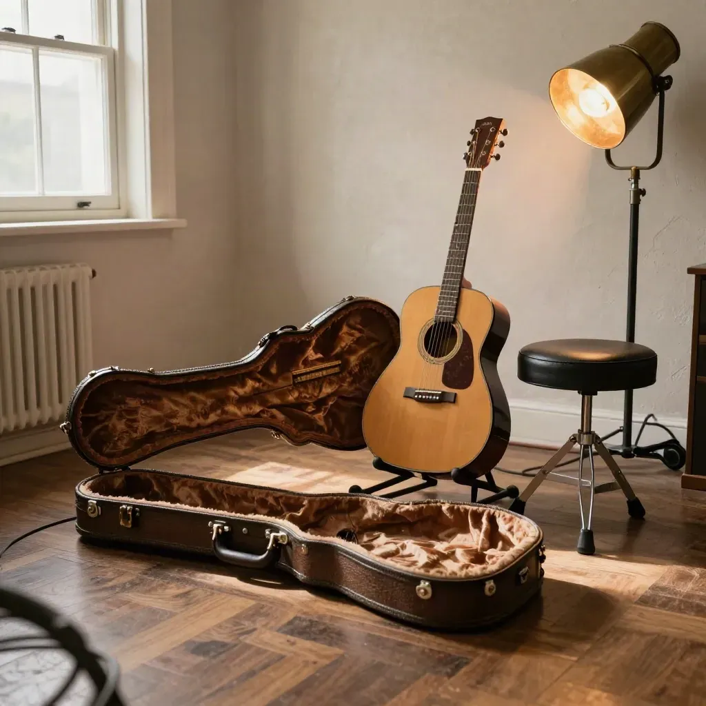 Offene Gitarrenkoffer, Akustikgitarre und Lampenlicht im warmen Studio.