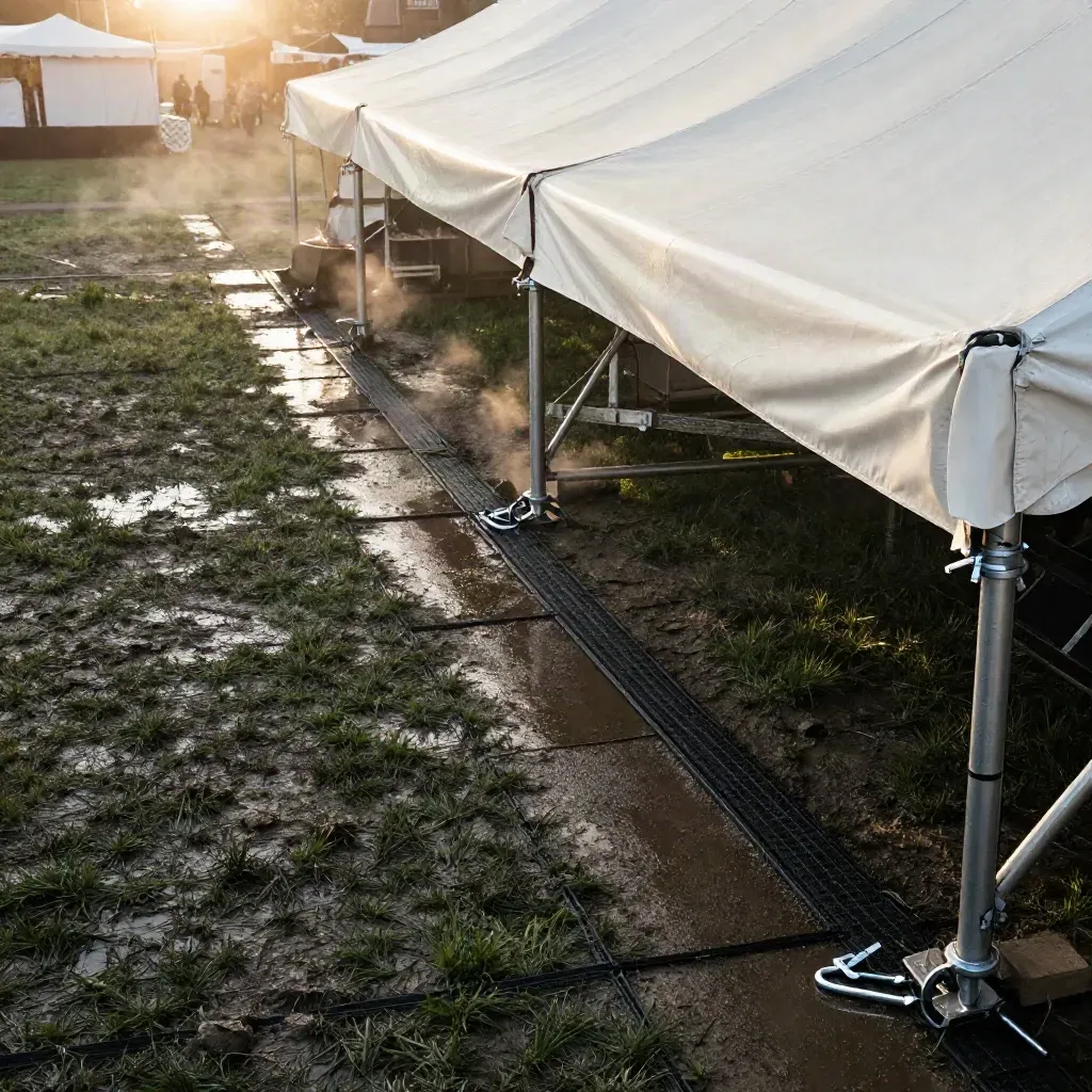 Feuchter Festivalweg in Köln mit Zeltrand, Truss-Beinen und Kabelmatten von oben
