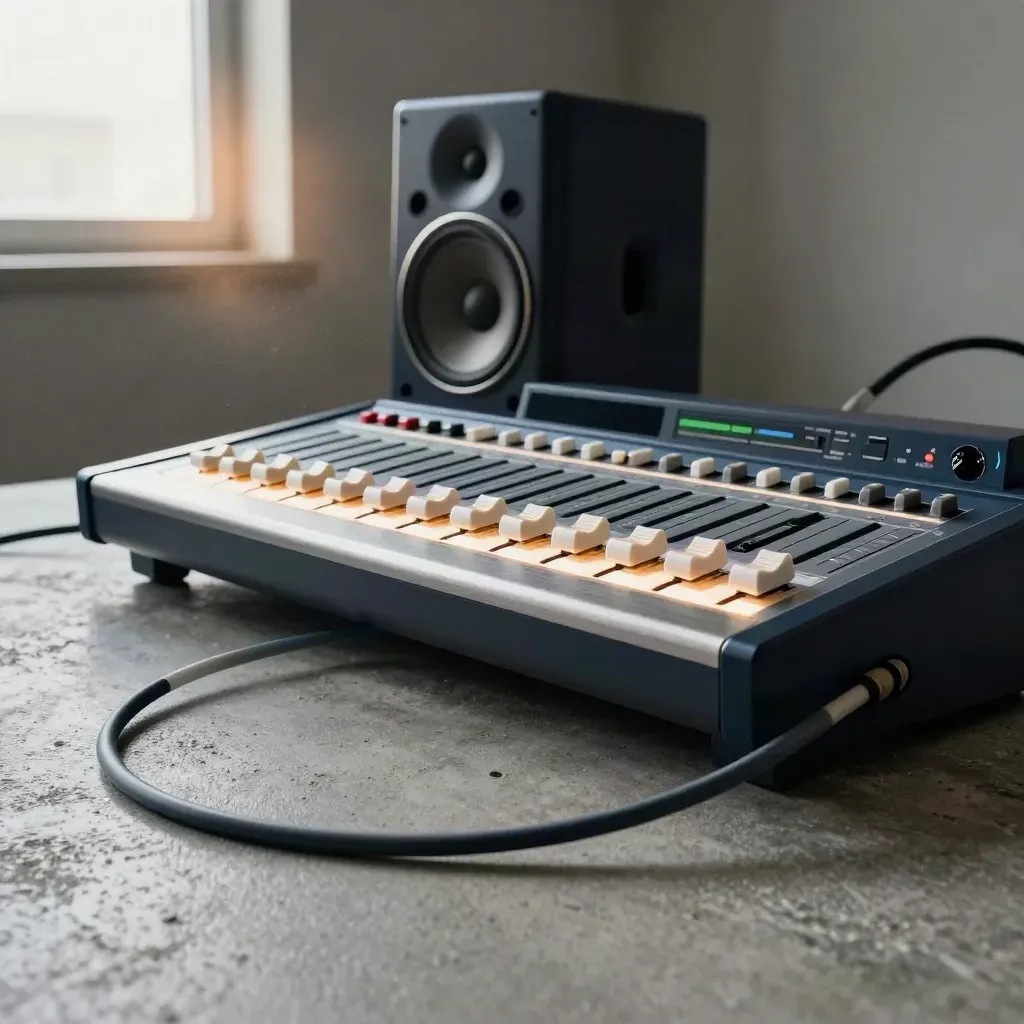 Soundpult mit leuchtenden Fadern, Kabelschleife und Lautsprecherstoff im ersten Track-Moment.