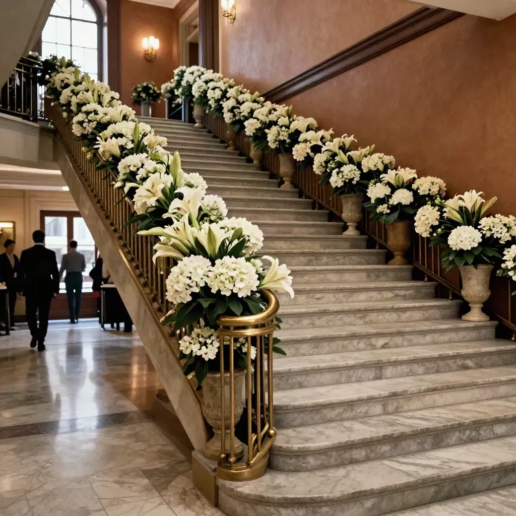 Leere Premieren-Treppe mit Messinggeländer, weißen Blumen und warmen Lichtreflexen in Berlin.