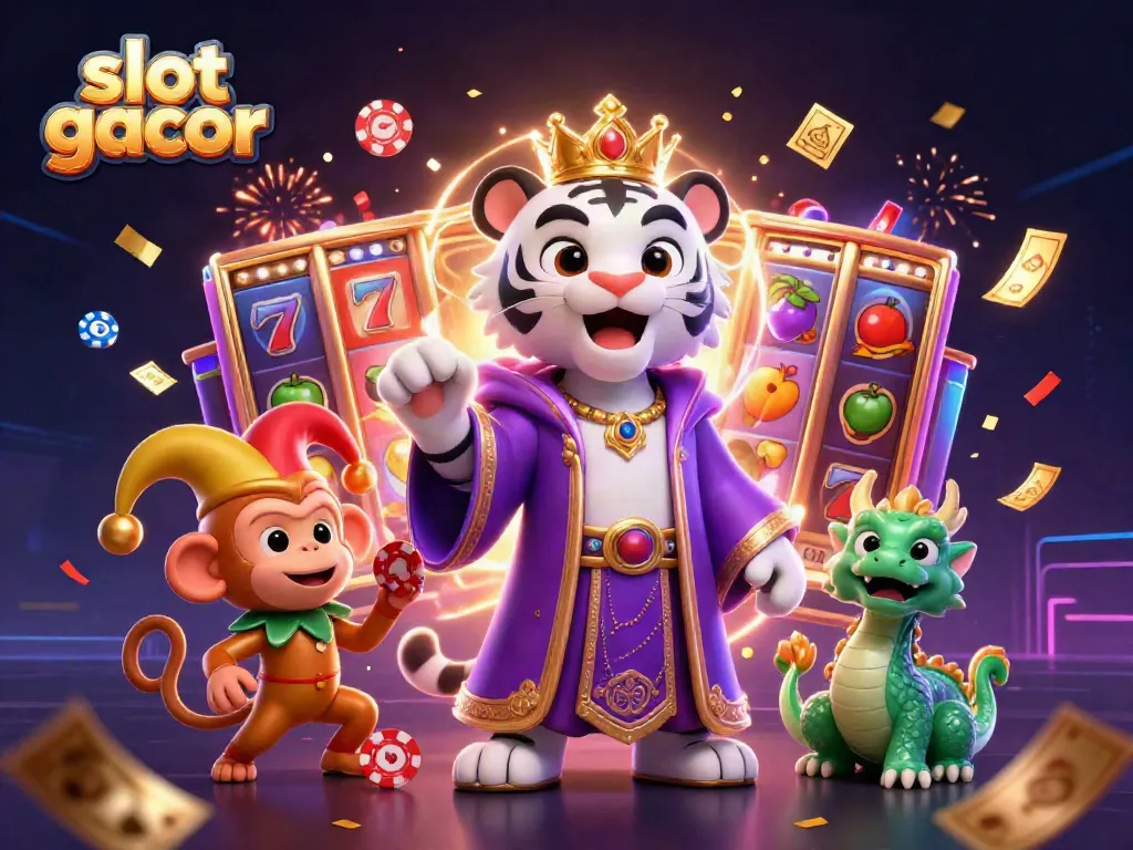 Engaging slot gacor scene with a royal tiger, jester monkey, and vibrant casino elements.