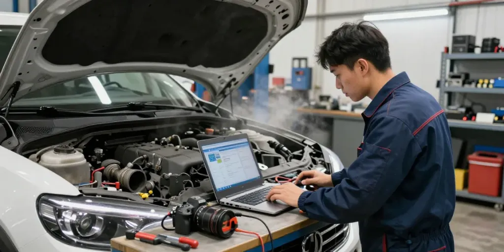 Mechaniker bei der DPF-Regeneration eines Dieselautos in einer Werkstatt, umgeben von Werkzeugen und Maschinen.