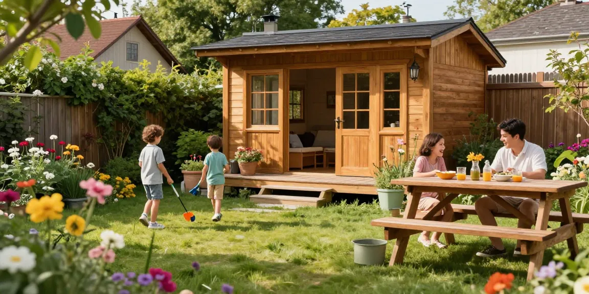 Garten Haus umgeben von blühenden Pflanzen, Familie genießt den Sommer.