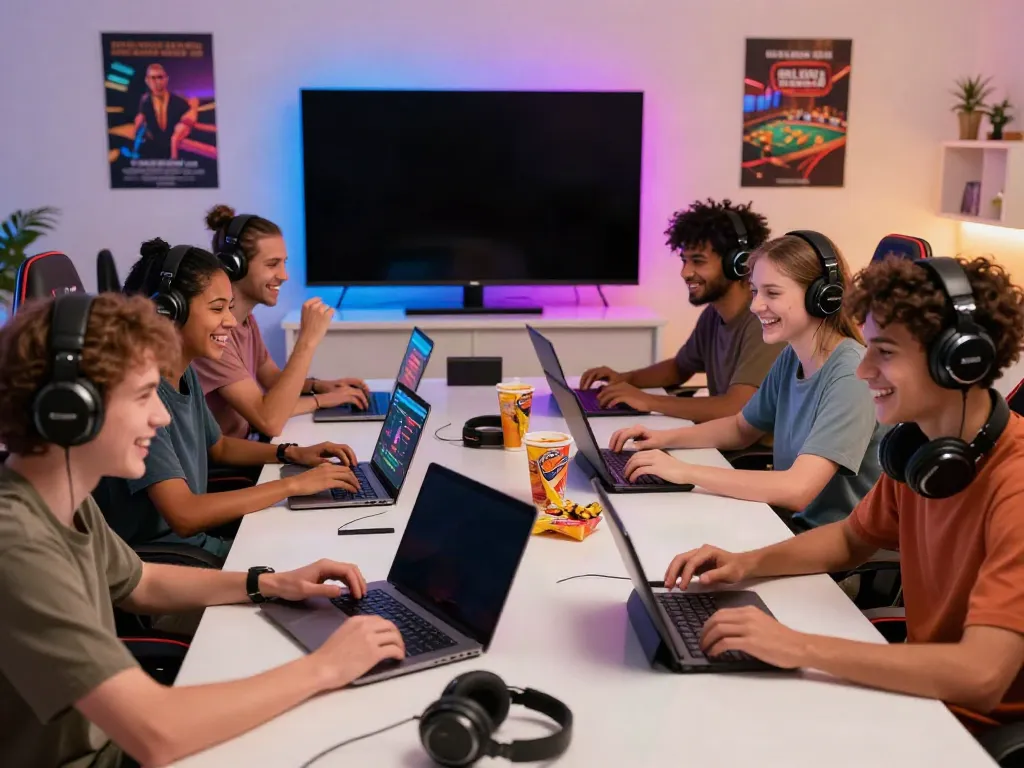 Engaging group of diverse players enjoying IWIN online games in a vibrant gaming room.