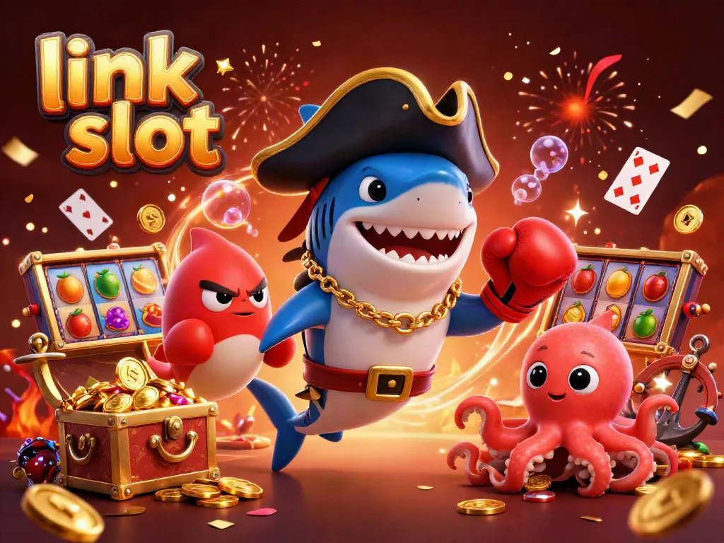 Engaging scene showcasing the vibrant action of link slot machines with a pirate shark, pufferfish, and octopus celebrating winnings.