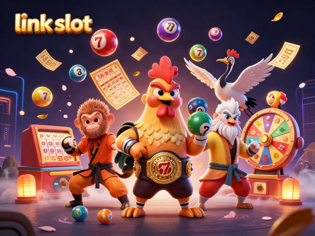 Experience thrilling action with link slot as characters celebrate wins amidst vibrant casino elements.