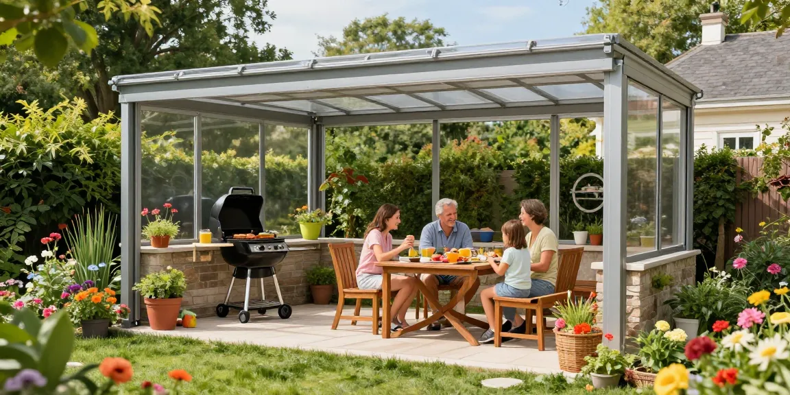 Freistehende Terrassenüberdachung aus Aluminium, ideal für Grillabende im Garten