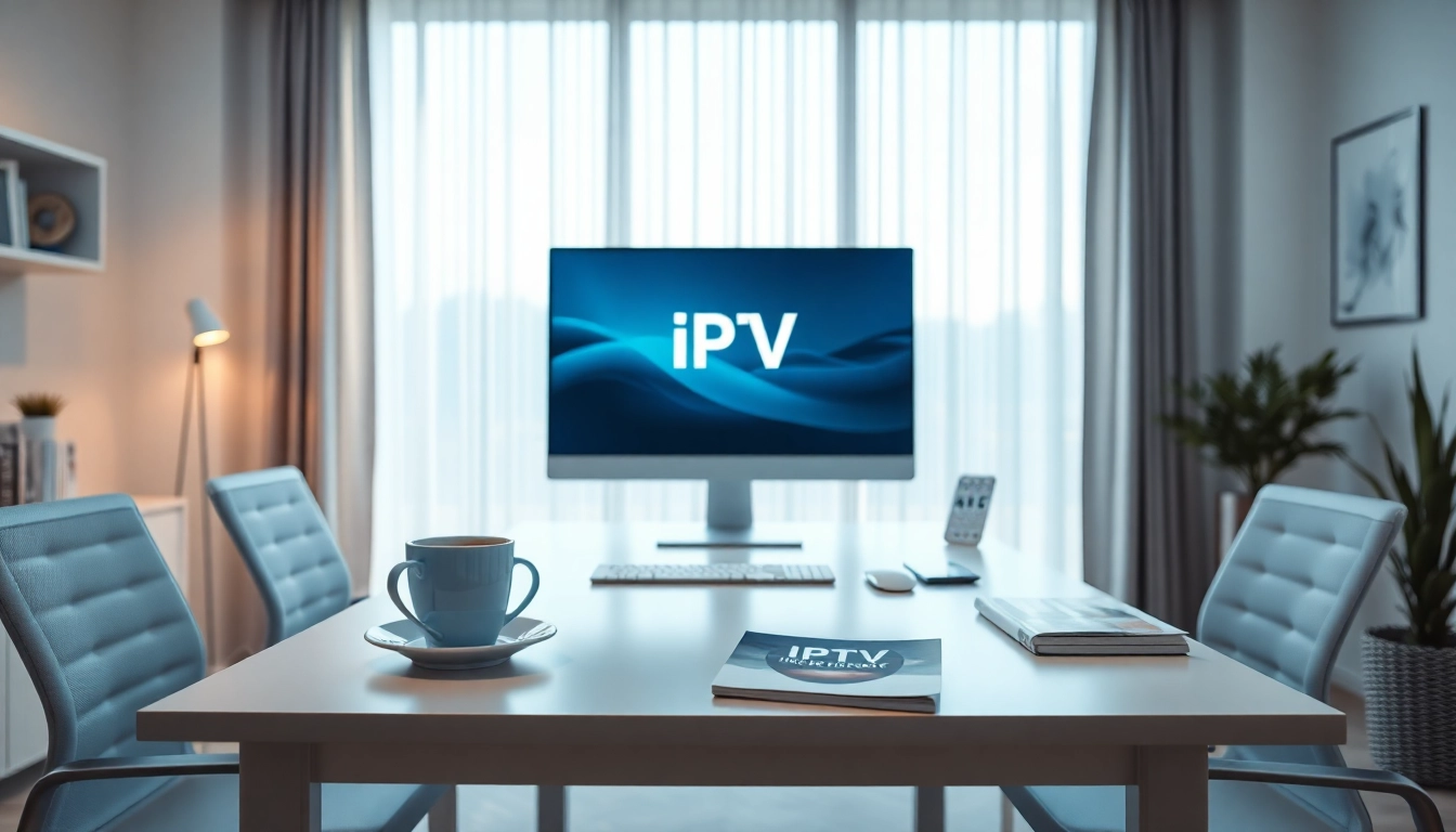 IPTV TV Anbieter moderne Büroumgebung mit IPTV-Schnittstelle auf dem Bildschirm.