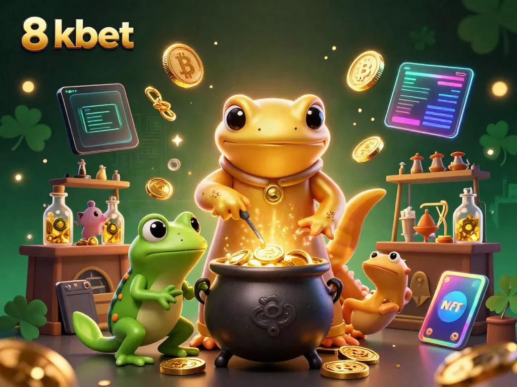 8xbet's magical alchemist scene showcasing gold coins and crypto elements in a lively casino atmosphere.