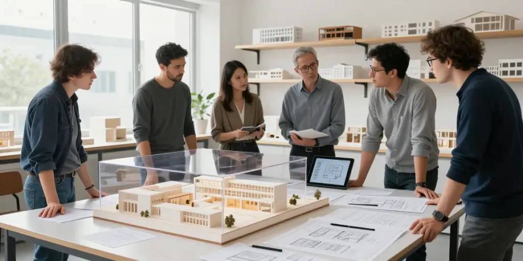 Präsentationsmodell Weissmodell auf einem Arbeitstisch in einem modernen Architekturbüro.