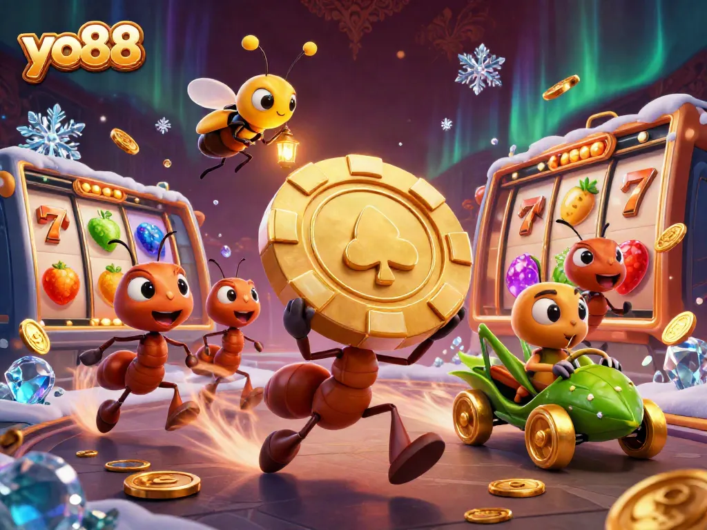 yo88 showcases a heist scene with ants carrying a giant poker chip amidst dynamic slot game elements.