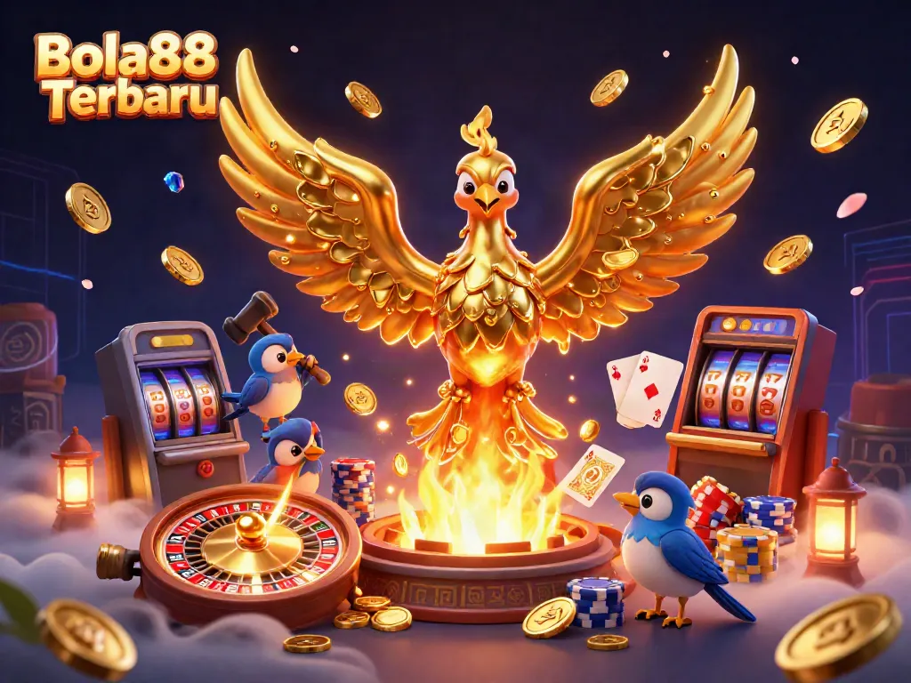 Engaging scene of the golden phoenix with molten wings and gambling elements, showcasing Bola88 Terbaru.