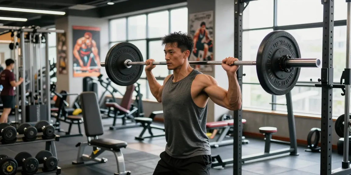 Athlet im Anabolika Shop beim Gewichtheben in modernem Fitnessstudio, umgeben von Gym-Geräten.