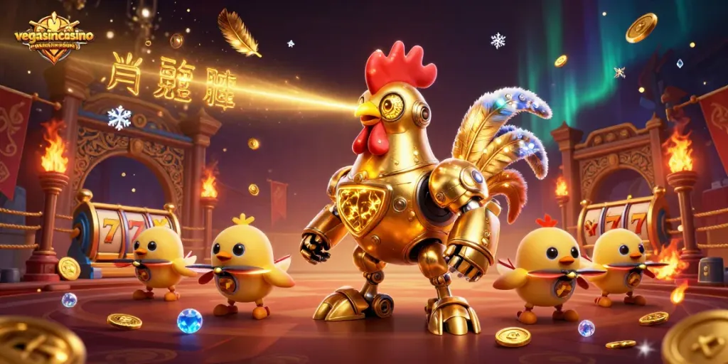Engage with the vibrant world of vegasinocasino featuring a golden rooster robot and baby chick drones in a dynamic gambling scene.
