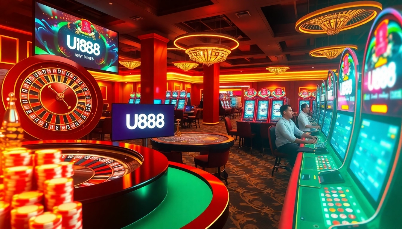 Players enjoy the U888 online gaming experience with vibrant slot machines and poker chips.
