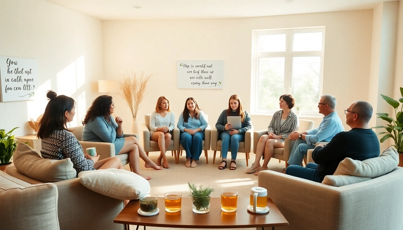 Mental health awareness depicted through a professional group therapy session, showing diverse individuals sharing in a serene environment.