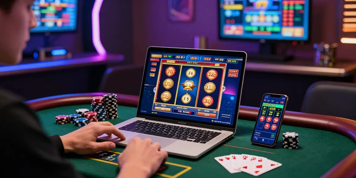 User engaged with FAFA828 online casino games on a laptop in a vibrant gaming room, showcasing excitement with poker chips and statistics screens.